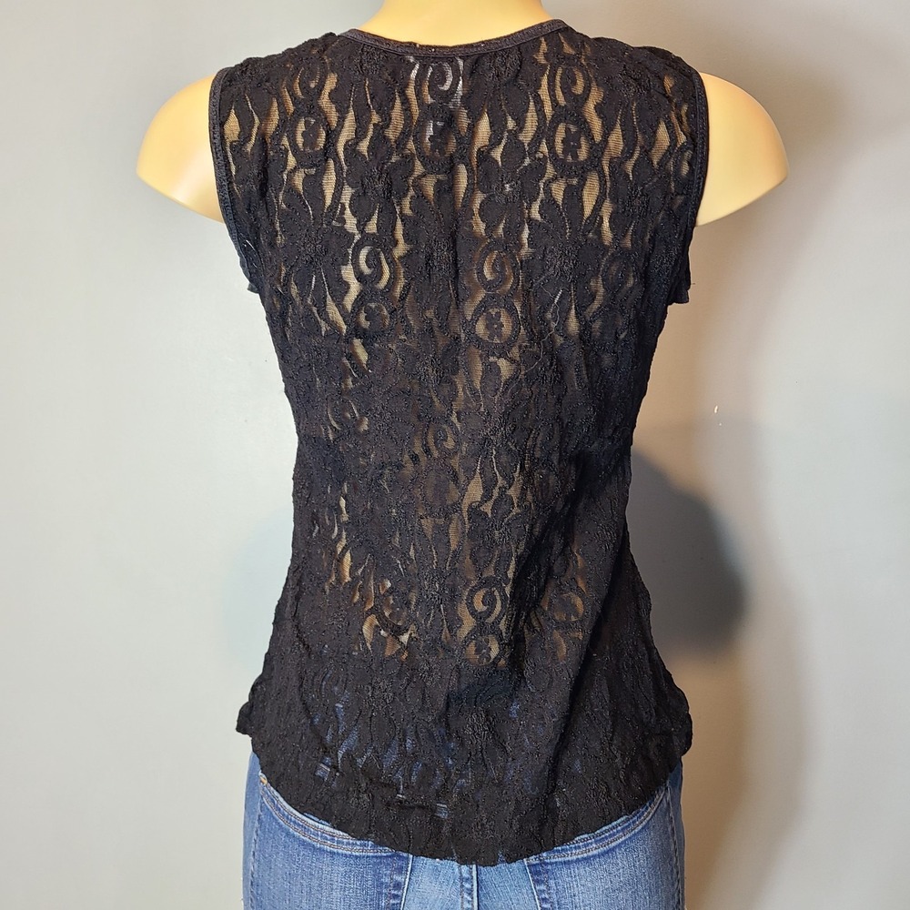 Vtg Y2K‎ Sheer Stretchy Lace Dainty Black Fairy Goth Top Sz L 90s Floral Grunge - Picture 5 of 10